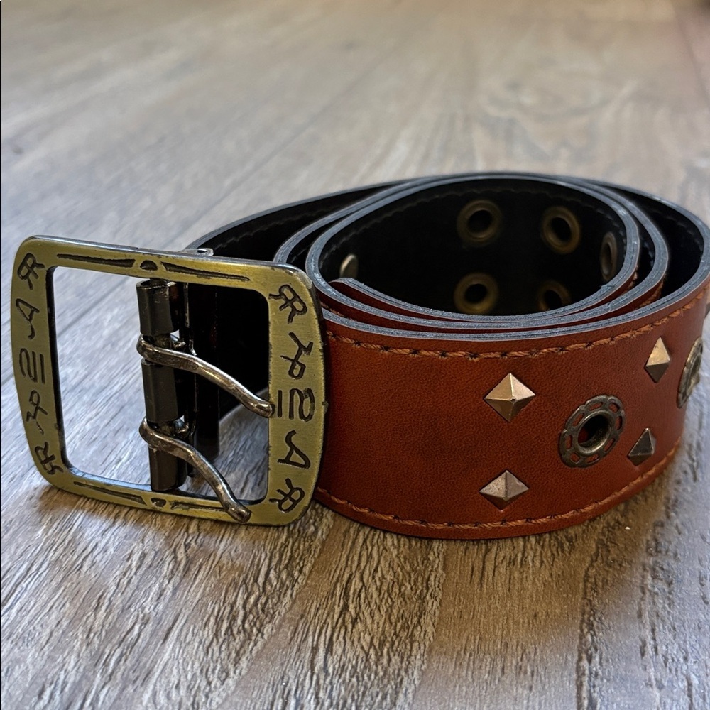 Vintage Brown Leather Wide Belt w Decorative Buckle Silver Tone Studs & Grommets